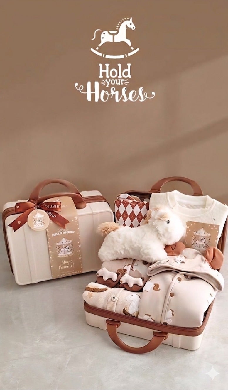 Premium Horse-Themed Baby Gift Set – 7-Piece Newborn Hamper with Luxury Hardshell Suitcase, Organic Cotton Jumper, Argyle Bib u0026 Plush Toy – Elegant Baby Shower u0026 1st Birthday Gift for Boys u0026 Girls - Image 1