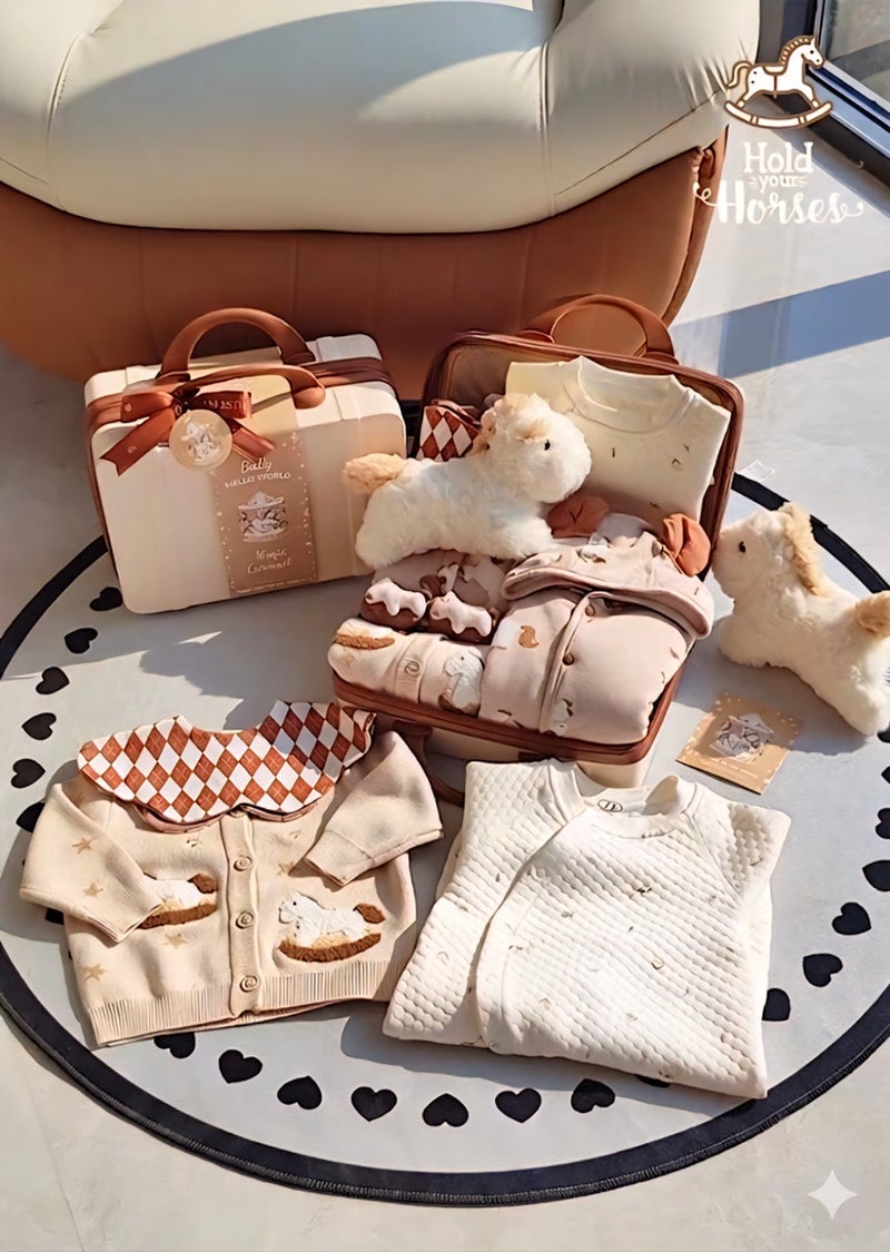 Premium Horse-Themed Baby Gift Set – 7-Piece Newborn Hamper with Luxury Hardshell Suitcase, Organic Cotton Jumper, Argyle Bib u0026 Plush Toy – Elegant Baby Shower u0026 1st Birthday Gift for Boys u0026 Girls - Image 2