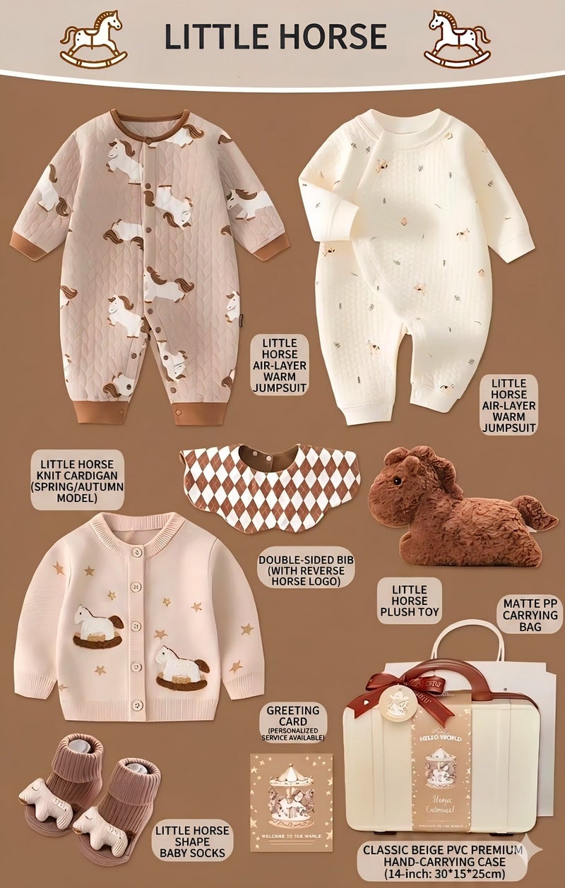 Premium Horse-Themed Baby Gift Set – 7-Piece Newborn Hamper with Luxury Hardshell Suitcase, Organic Cotton Jumper, Argyle Bib u0026 Plush Toy – Elegant Baby Shower u0026 1st Birthday Gift for Boys u0026 Girls - Image 3