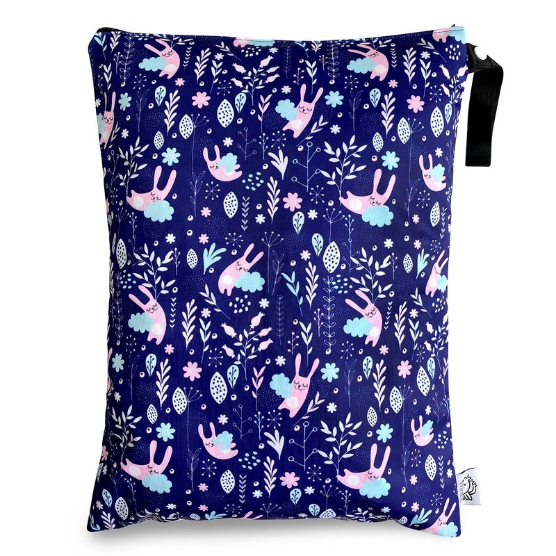 FLOCK THREE Washable and Reusable Wet Bag, Diaper Bag, Water Resistant Swimming Bag, Travel Toiletries Pouch, Yoga Gym Bag, Rabbits 1 Pcse 12.6'' x 16.5'' - Image 1