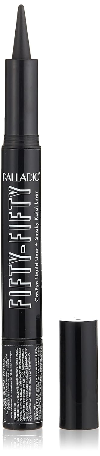 Palladio Fifty-Fifty Eye Liquid Liner, Dual Ended, Professional Eye Styling, Ultra-Soft Kajal crayon and Super Precise Fiber Tip Liner, Smoky and Defined Looks, Smudge Proof, Quick Drying, Black Cat