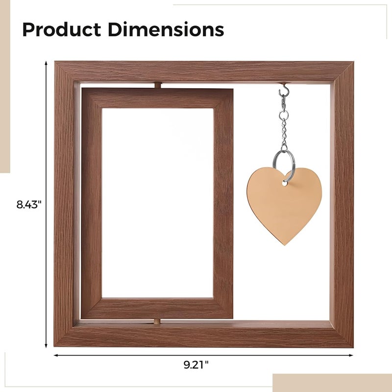 Brown Wooden 6-Inch Rotating Photo Frame, Double-Sided with Heart Pendant, Memorial Picture Frame for Loss of Loved Ones - Image 2