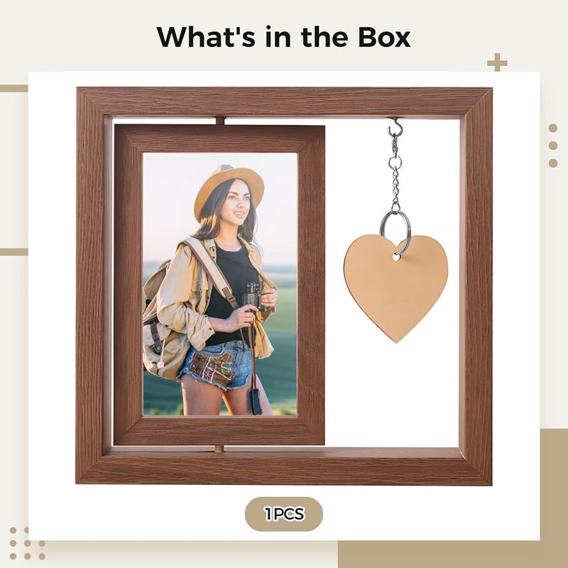 Brown Wooden 6-Inch Rotating Photo Frame, Double-Sided with Heart Pendant, Memorial Picture Frame for Loss of Loved Ones - Image 3