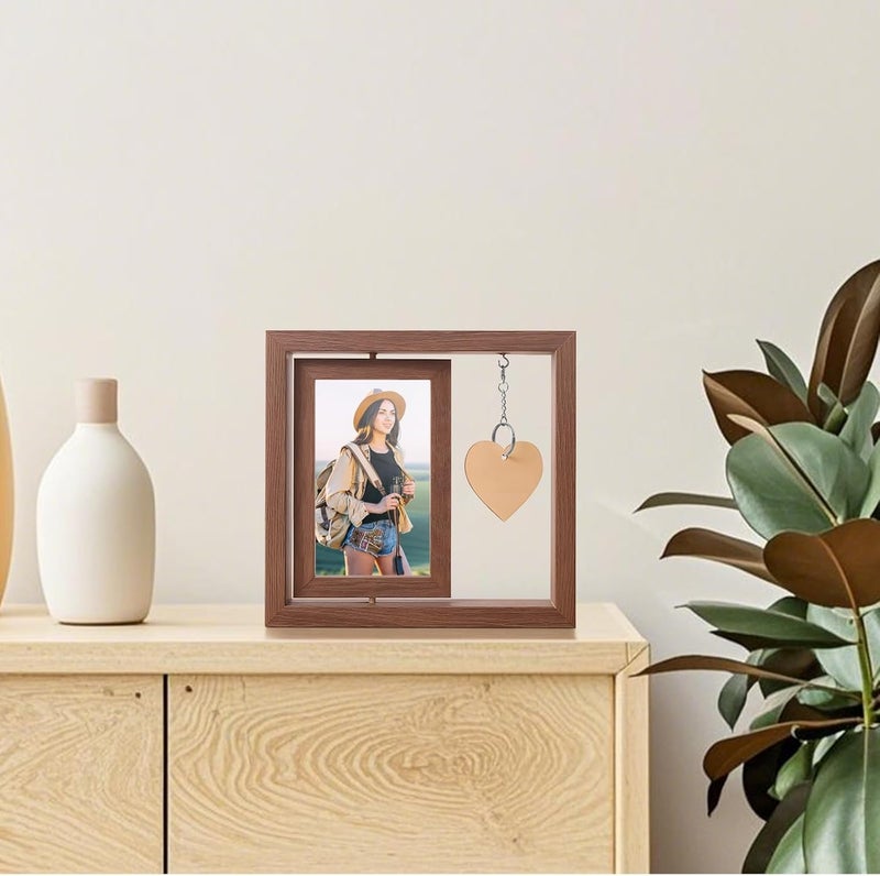 Brown Wooden 6-Inch Rotating Photo Frame, Double-Sided with Heart Pendant, Memorial Picture Frame for Loss of Loved Ones - Image 4