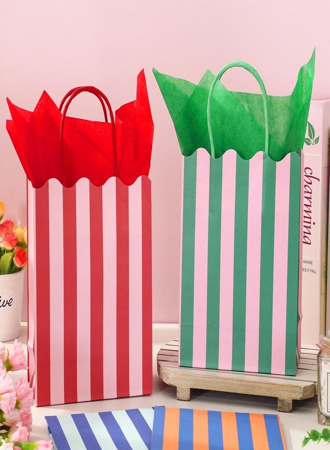 Whaline 16Pcs Colorful Stripe Paper Gift Bags with Tissue Paper Treat Bag with Handles Summer Scalloped Candy Goodie Bags for Beach Pool Wedding Birthday Baby Shower Party Favors - Image 4