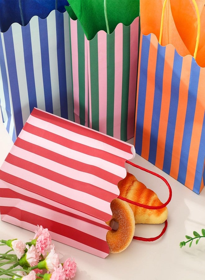 Whaline 16Pcs Colorful Stripe Paper Gift Bags with Tissue Paper Treat Bag with Handles Summer Scalloped Candy Goodie Bags for Beach Pool Wedding Birthday Baby Shower Party Favors - Image 5