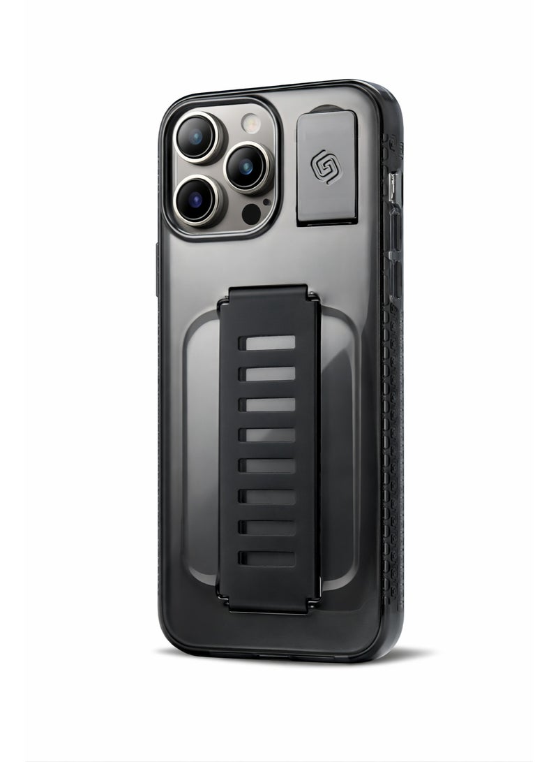 جريب 2 يو غطاء Grip2U BOOST مع حامل مدمج لهاتف iPhone 15 Pro Max، بلون دخاني، مزود بحزام مدمج لقبضة الإصبع، تصميم نحيف مقاوم للصدمات، حماية من السقوط، متوافق مع الشحن اللاسلكي - Image 1