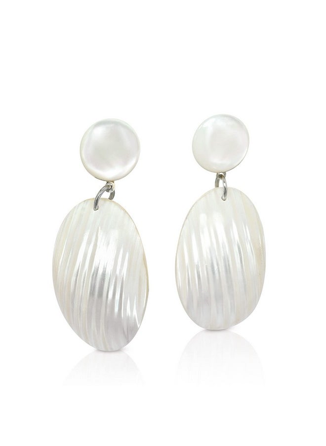 AeraVida Brilliant White Oval Shaped Mother Of Pearl Shell Post Drop Dangle Earrings | Beach Bridal Wedding Accessories | Fashion Jewelry  - Image 2