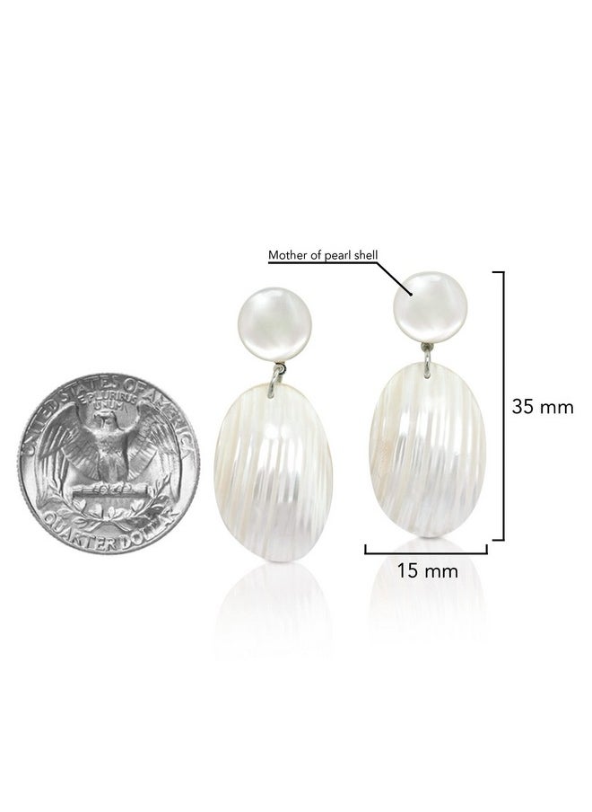 AeraVida Brilliant White Oval Shaped Mother Of Pearl Shell Post Drop Dangle Earrings | Beach Bridal Wedding Accessories | Fashion Jewelry  - Image 4