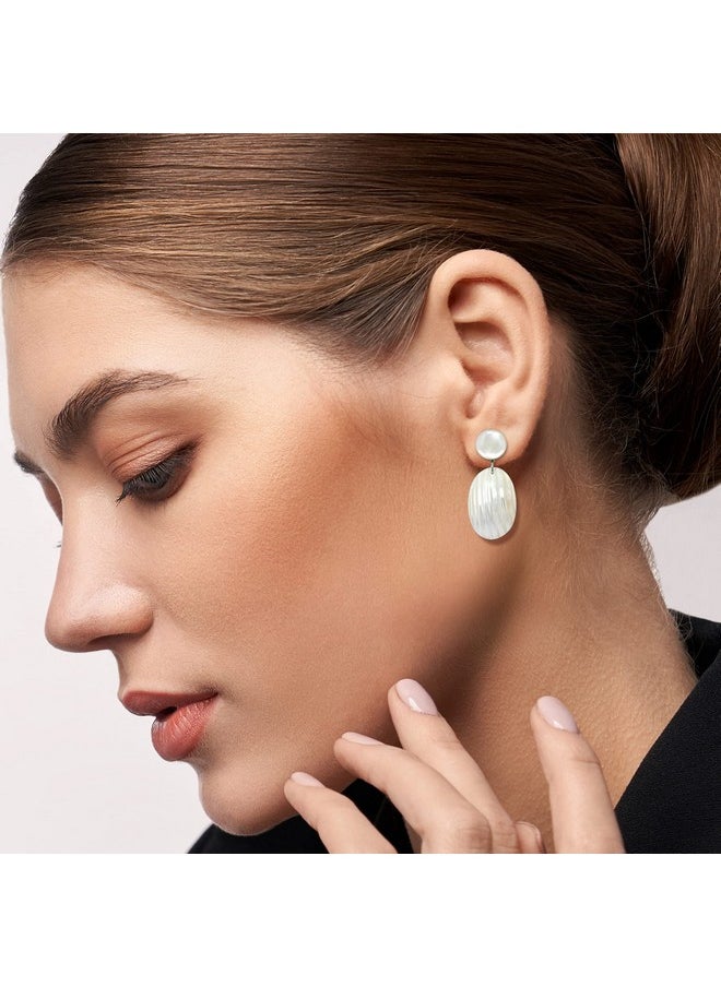 AeraVida Brilliant White Oval Shaped Mother Of Pearl Shell Post Drop Dangle Earrings | Beach Bridal Wedding Accessories | Fashion Jewelry  - Image 5