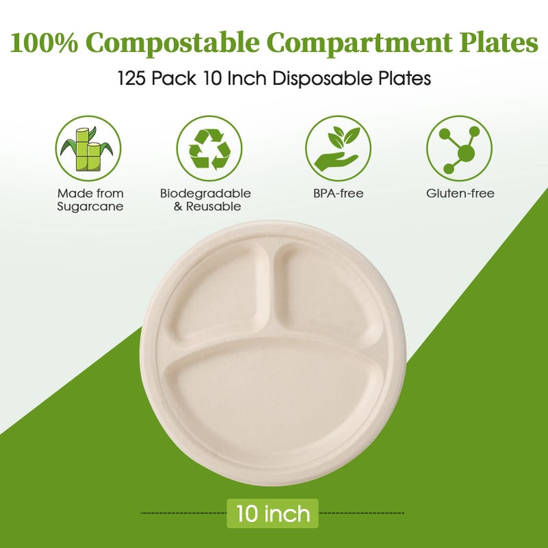 ECOLipak 125 Pack 3 Compartment Plates Disposable  10 inch Heavy-Duty Compostable Paper Plates Made of Eco-Friendly Sugar Cane Fibers - Image 2