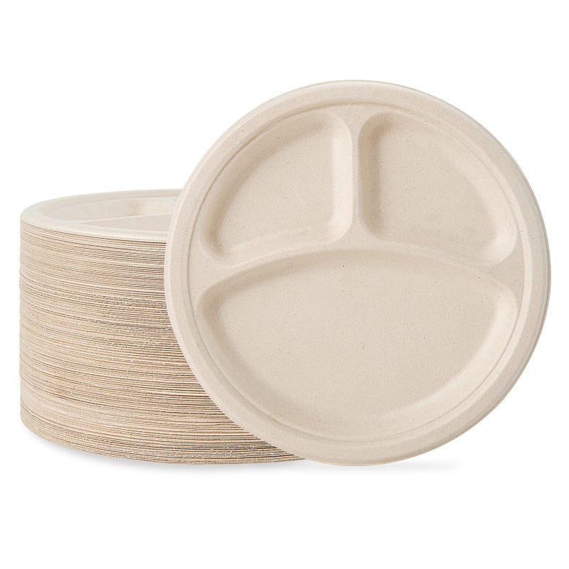 ECOLipak 125 Pack 3 Compartment Plates Disposable  10 inch Heavy-Duty Compostable Paper Plates Made of Eco-Friendly Sugar Cane Fibers - Image 1