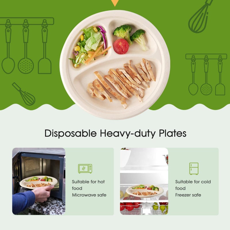 ECOLipak 125 Pack 3 Compartment Plates Disposable  10 inch Heavy-Duty Compostable Paper Plates Made of Eco-Friendly Sugar Cane Fibers - Image 4