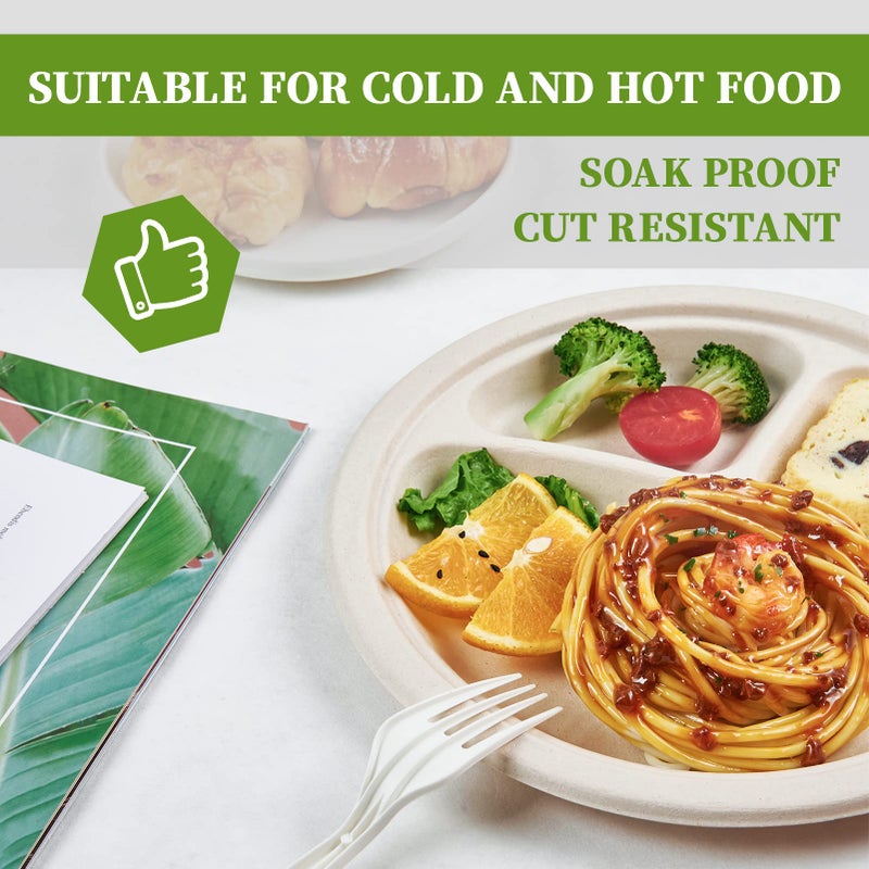 ECOLipak 125 Pack 3 Compartment Plates Disposable  10 inch Heavy-Duty Compostable Paper Plates Made of Eco-Friendly Sugar Cane Fibers - Image 3