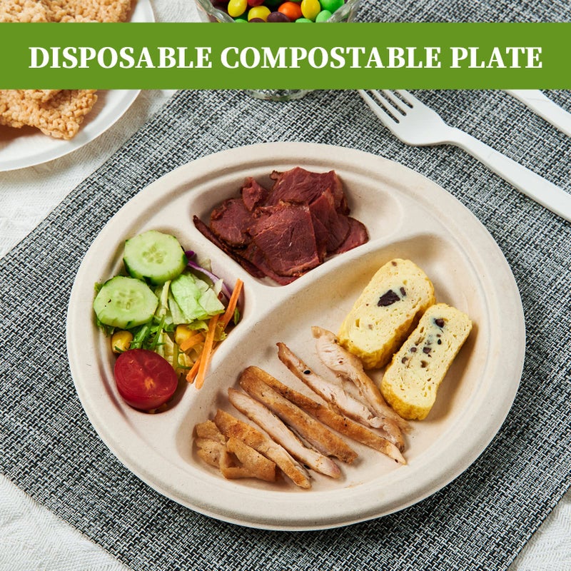 ECOLipak 125 Pack 3 Compartment Plates Disposable  10 inch Heavy-Duty Compostable Paper Plates Made of Eco-Friendly Sugar Cane Fibers - Image 5