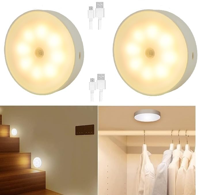 KEYORA Plastic USB Rechargeable Motion Sensor Night Yellow Light with Self-Adhesive Design for Home Use Ideal for Hallways, Wardrobes, Bedrooms, Stairs, Bathrooms, Kitchens & Basements Pack of 2, Led - Image 1