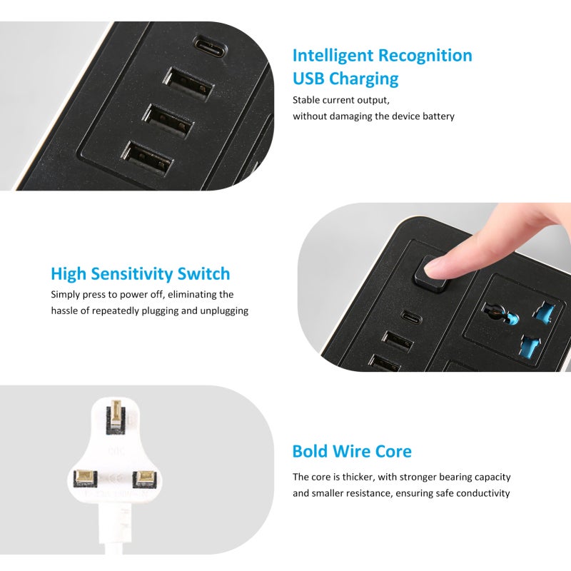 قابس ذكي متعدد المنافذ  
مشترك كهرباء بـ 6 مخارج و 4 منافذ USB - بنظام المملكة المتحدة  
مأخذ بصمام مستقل لحماية الأطفال للاستخدام المنزلي - Image 2