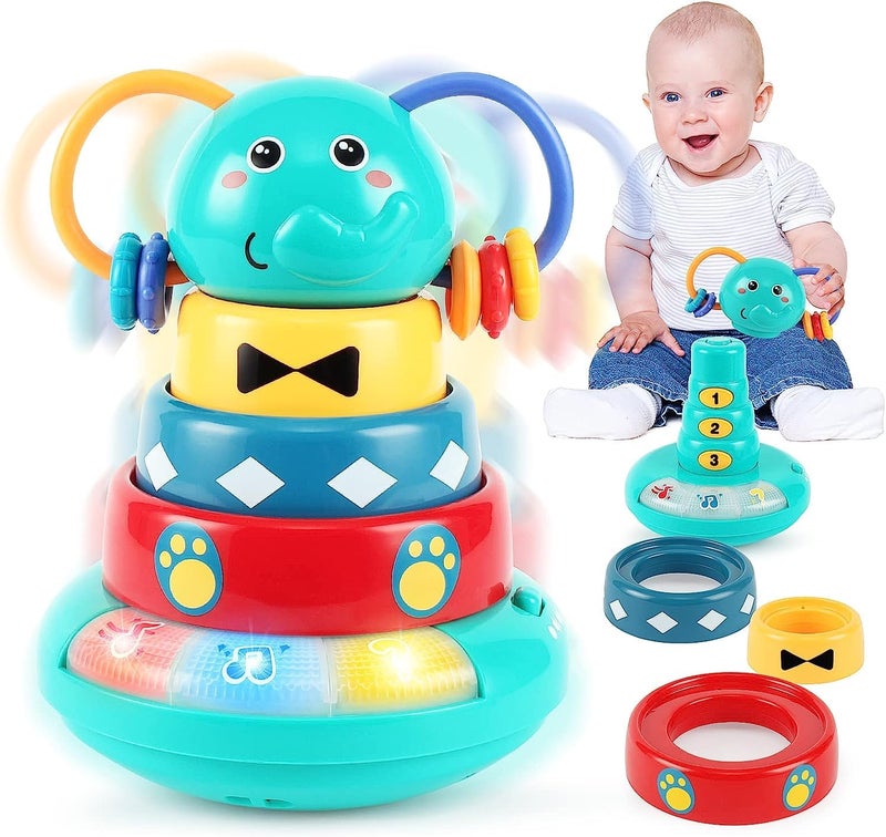 Music Toys for Babies 6-12 Months, Interactive Elephant Music Roly-Poly w/Stacking Ring Rattle Toy,Montessori Sensory with Early Educational Learning Stacking Tower Toy,1st Birthday Gift