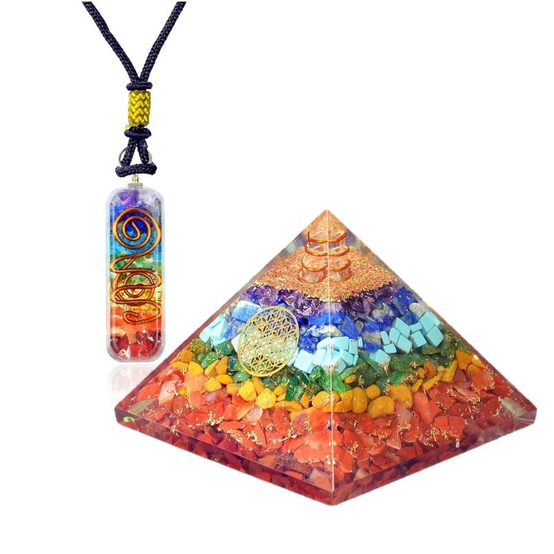 Orgonite Crystal Seven chakra FOL pyramid & Pendant Set, Orgonite Pyramid for Energy Healing - Orgonite Kit - Protection With Seven Chakra Orgonite Necklace - Image 1