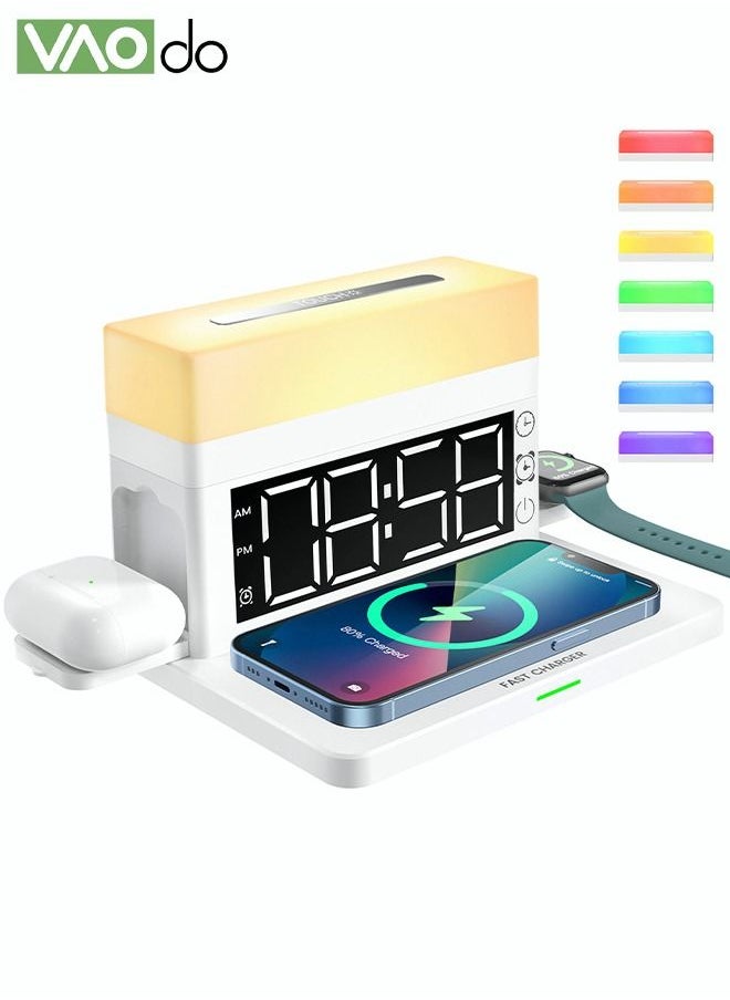 VAOdo - 6 In 1 Smart Alarm Clock White Multi-Function Wireless Charger Desktop Clock Night Light Table Lamp Earphone Mobile Phone Watch Fast Charging for Home Office - Image 1