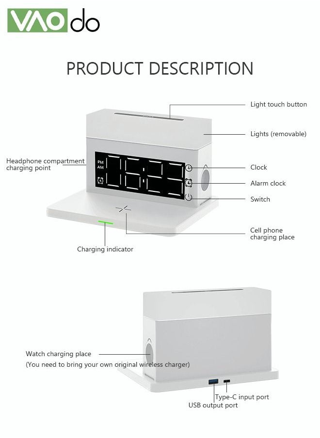 VAOdo - 6 In 1 Smart Alarm Clock White Multi-Function Wireless Charger Desktop Clock Night Light Table Lamp Earphone Mobile Phone Watch Fast Charging for Home Office - Image 1