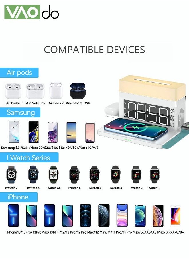 VAOdo - 6 In 1 Smart Alarm Clock White Multi-Function Wireless Charger Desktop Clock Night Light Table Lamp Earphone Mobile Phone Watch Fast Charging for Home Office - Image 1