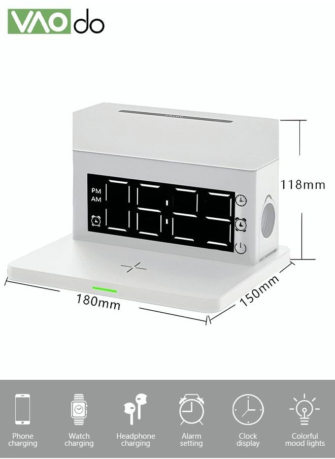 VAOdo - 6 In 1 Smart Alarm Clock White Multi-Function Wireless Charger Desktop Clock Night Light Table Lamp Earphone Mobile Phone Watch Fast Charging for Home Office - Image 1
