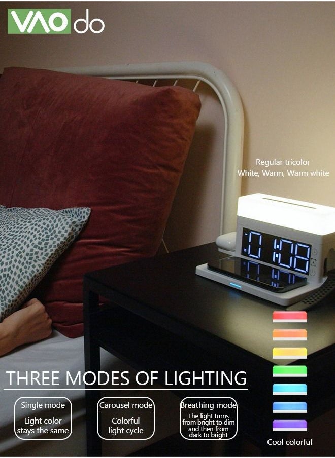 VAOdo - 6 In 1 Smart Alarm Clock White Multi-Function Wireless Charger Desktop Clock Night Light Table Lamp Earphone Mobile Phone Watch Fast Charging for Home Office - Image 1