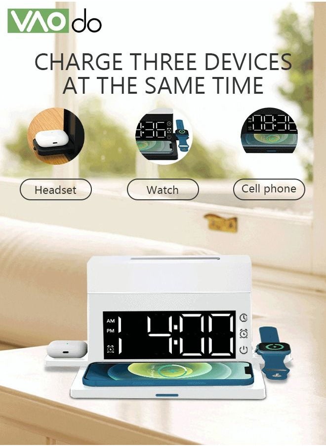 VAOdo - 6 In 1 Smart Alarm Clock White Multi-Function Wireless Charger Desktop Clock Night Light Table Lamp Earphone Mobile Phone Watch Fast Charging for Home Office - Image 1