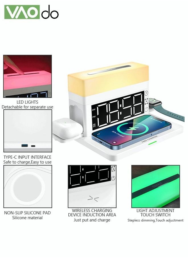 VAOdo - 6 In 1 Smart Alarm Clock White Multi-Function Wireless Charger Desktop Clock Night Light Table Lamp Earphone Mobile Phone Watch Fast Charging for Home Office - Image 1