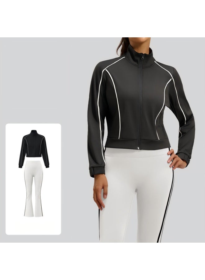 Women's 2-Piece Contrast Piping Tracksuit Set: Full-Zip Crop Stand-Collar Jacket with High-Waist Flare Leggings Yoga Gym Activewear Suit - Image 1