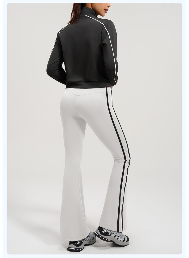 Women's 2-Piece Contrast Piping Tracksuit Set: Full-Zip Crop Stand-Collar Jacket with High-Waist Flare Leggings Yoga Gym Activewear Suit - Image 3