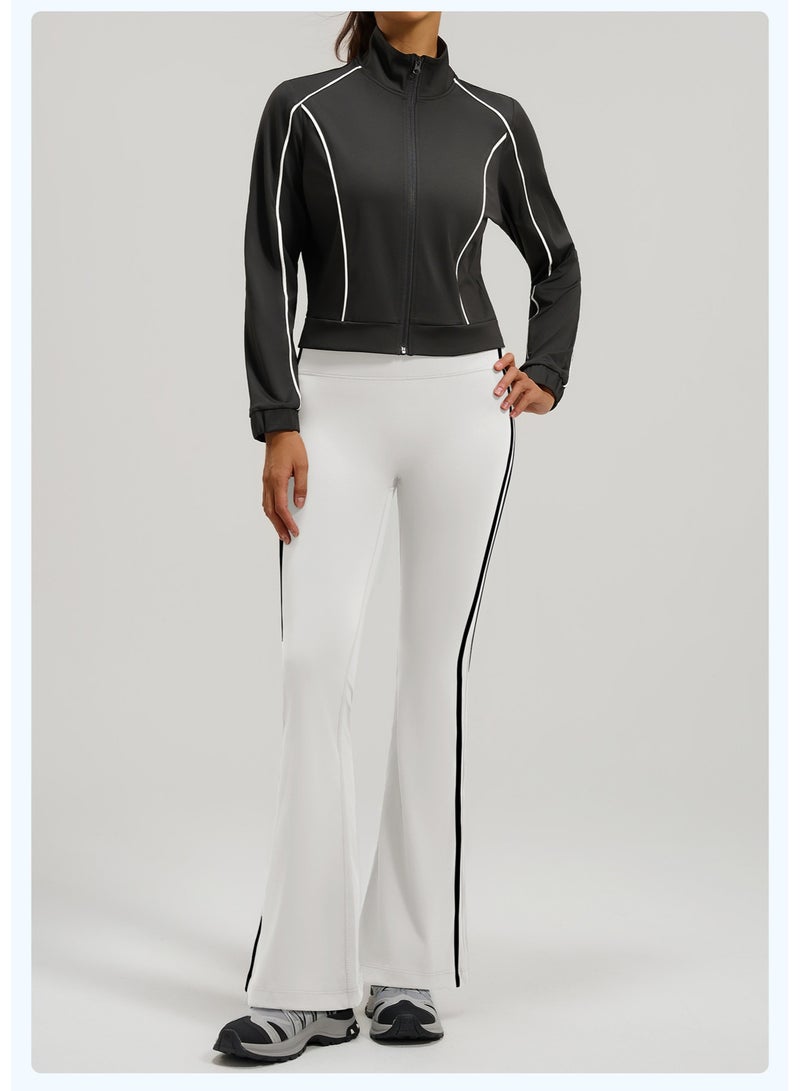 Women's 2-Piece Contrast Piping Tracksuit Set: Full-Zip Crop Stand-Collar Jacket with High-Waist Flare Leggings Yoga Gym Activewear Suit - Image 2