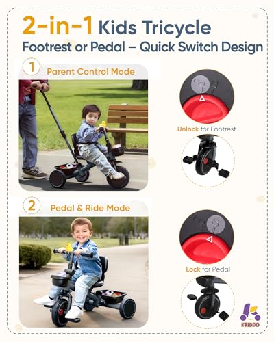 KRIDDO 2in1 Tricycle for Toddlers 155 Years Push Tricycle with Parent Steering  Detachable Handle 9Stage Adjustable Handlebar Toddler Trike with Safety Belt Clutch Pedals  Dual Basket Grey - Image 5