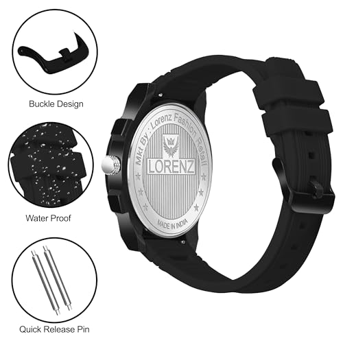 LORENZ Men's Casual Sports Watch, Black Dial with Date Feature & Silicone Strap, Waterproof, Quick Release Pin Strap | MK-4096R - Image 3