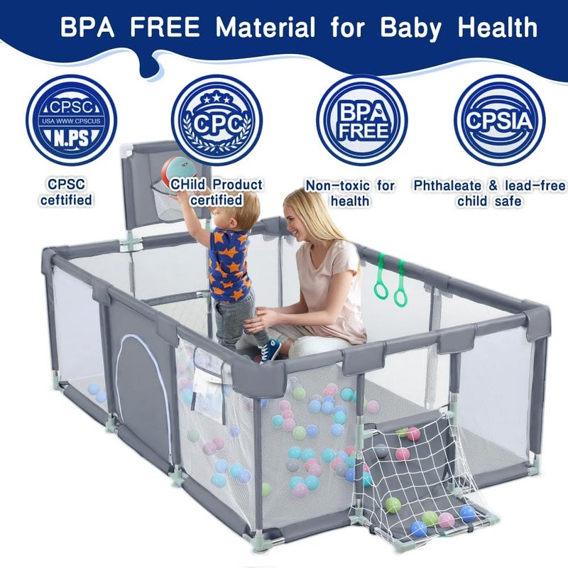 Fantastic-Kids-Toys Baby Playpen Core Heavy-Duty Ventilation Net, Durable Metal Construction, with 50 Balls and Hanging Rings, Foldable, 182 x 122 x 64 cm, for 6 Months to 7 Years Old - Image 2