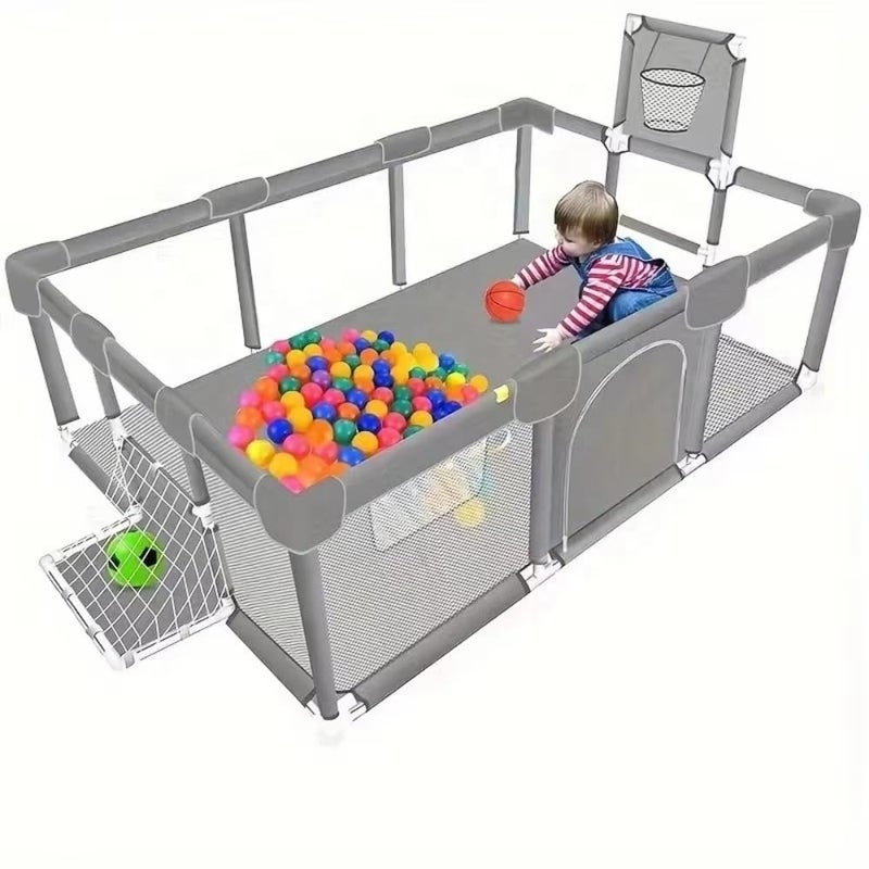 Fantastic-Kids-Toys Baby Playpen Core Heavy-Duty Ventilation Net, Durable Metal Construction, with 50 Balls and Hanging Rings, Foldable, 182 x 122 x 64 cm, for 6 Months to 7 Years Old - Image 1