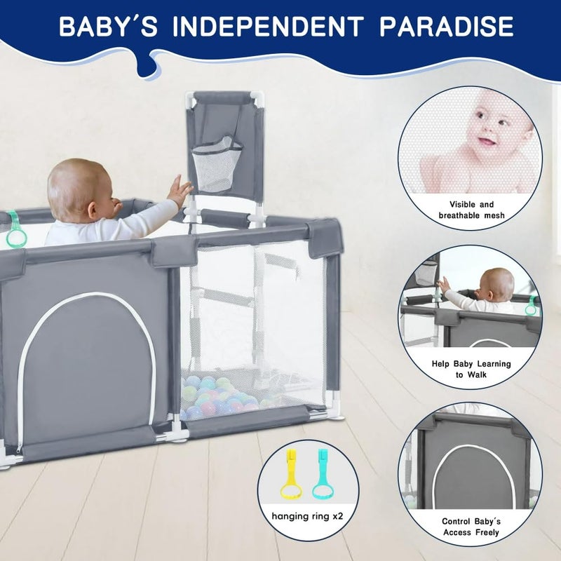 Fantastic-Kids-Toys Baby Playpen Core Heavy-Duty Ventilation Net, Durable Metal Construction, with 50 Balls and Hanging Rings, Foldable, 182 x 122 x 64 cm, for 6 Months to 7 Years Old - Image 5