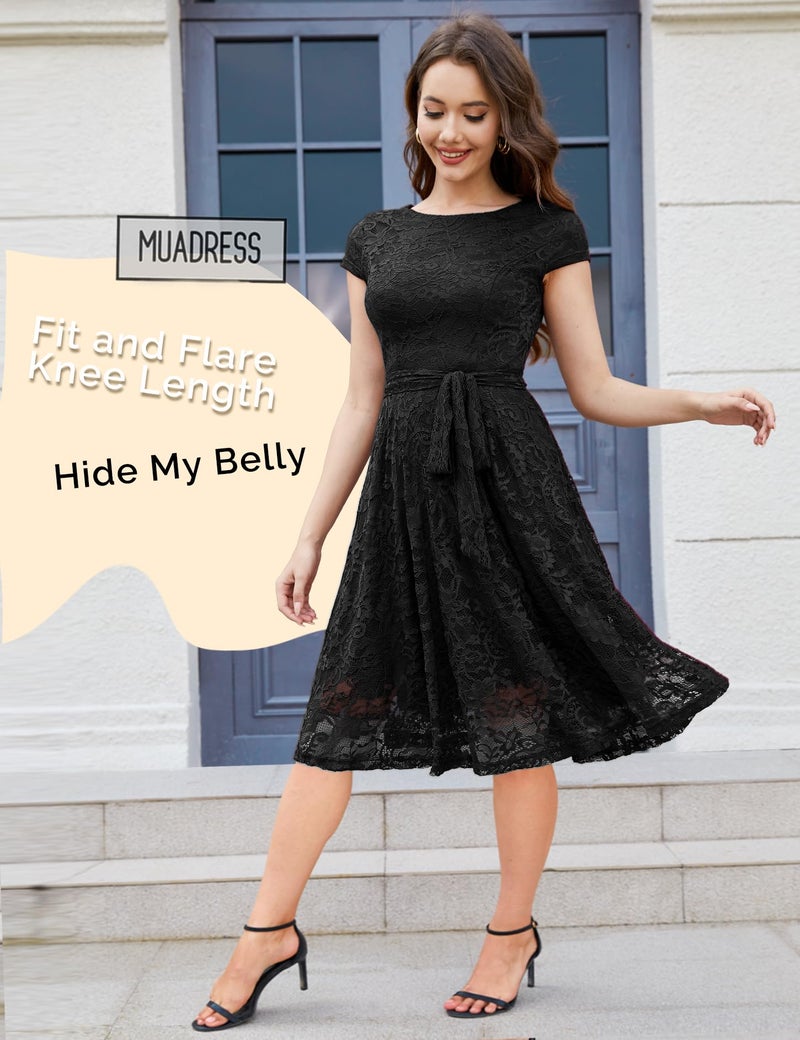 MUADRESS Women Cap-Sleeve Lace Floral Elegant Cocktail Dress Crew Neck Knee Length Bridesmaid Prom Dresses for Party Black 2XL - Image 3
