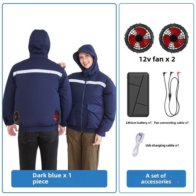 Generic Quad Fan Cooling Jacket Hooded Removable Unisex Workwear UV Protection Navy Blue 12V2 Big Fan 12V Battery 22 