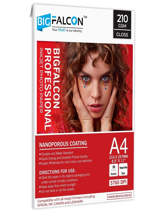 BIGFALCON ورق صور لامع مطلي بالراتنج من BIGFALCON Professional، مقاس A4 (8.5 × 11 بوصة)، 20 ورقة، مناسب لجميع طابعات الحبر النفاث (عبوة واحدة). - Image 1