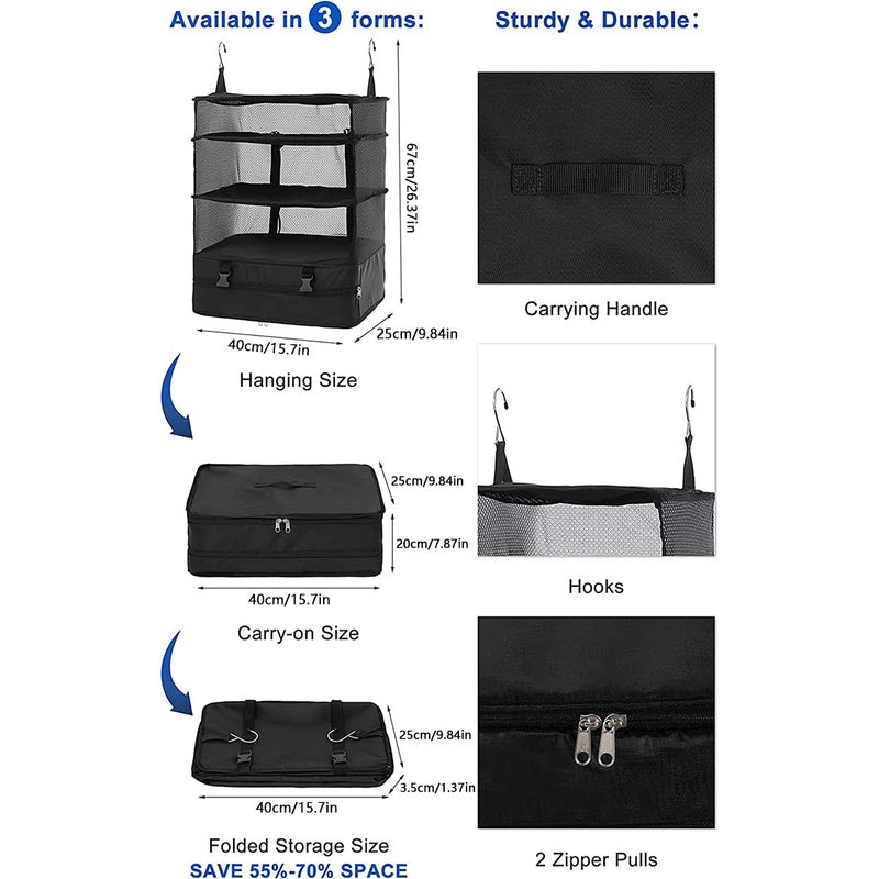 Kitwe Hanging Travel Shelves Bag with Hooks Collapsible 3Shelf Oxford Fabric Storage Washable Closet Storage Bag Collapsible Hanging Storage Washable Closet Organizer 157 98 217 in Black - Image 2