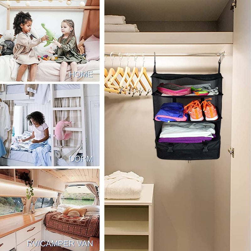 Kitwe Hanging Travel Shelves Bag with Hooks Collapsible 3Shelf Oxford Fabric Storage Washable Closet Storage Bag Collapsible Hanging Storage Washable Closet Organizer 157 98 217 in Black - Image 3