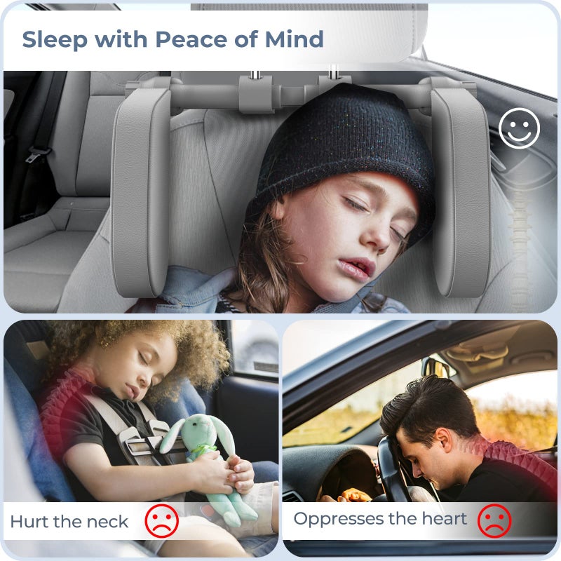 Yoocaa Car Headrest Pillow, Road Pal Headrest, Adjustable Car Seat Head Neck Support, U Shaped Car Sleeping Pillow for Kids & Adults (Grey) - Image 2