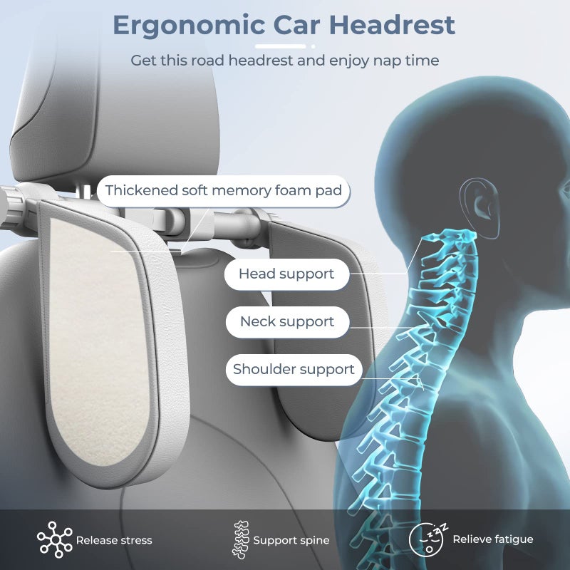 Yoocaa Car Headrest Pillow, Road Pal Headrest, Adjustable Car Seat Head Neck Support, U Shaped Car Sleeping Pillow for Kids & Adults (Grey) - Image 4
