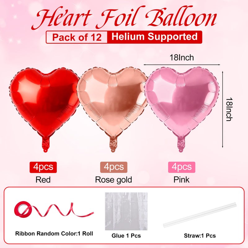 Nelisylux 12 Pcs Rose Gold And Red Heart Foil Balloons For Valentines Day Decorations 18 Inch Romantic Love Valentine Heart Balloons For Valentines Day Wedding Marriage Birthday Bridal Shower Party Decorations - Image 3