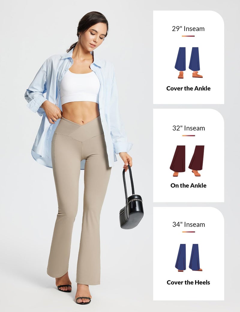 baleaf Women's Khaki Yoga Pants V Crossover Flare Leggings with Pockets Casual Workout Gym Leggings Khaki 29" L - Image 4