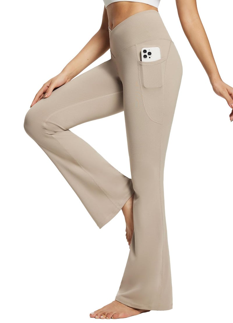 baleaf Women's Khaki Yoga Pants V Crossover Flare Leggings with Pockets Casual Workout Gym Leggings Khaki 29" L - Image 1