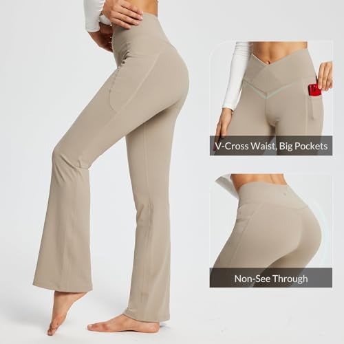 baleaf Women's Khaki Yoga Pants V Crossover Flare Leggings with Pockets Casual Workout Gym Leggings Khaki 29" L - Image 3