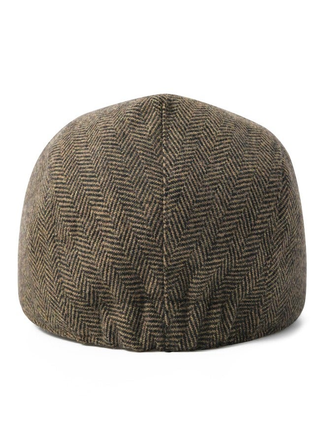 FEINION Men Wool Blend Flat Cap Tweed Newsboy Ivy Hat (Herringbone Khaki) - Image 5